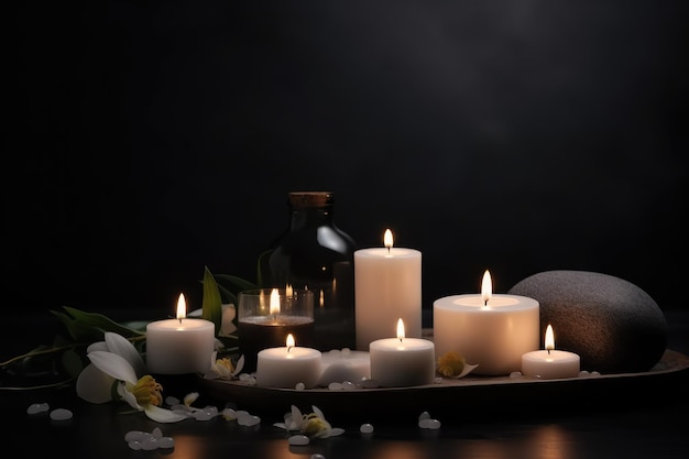 Fundo de tratamento de spa de beleza com velas em um fundo escuro AI