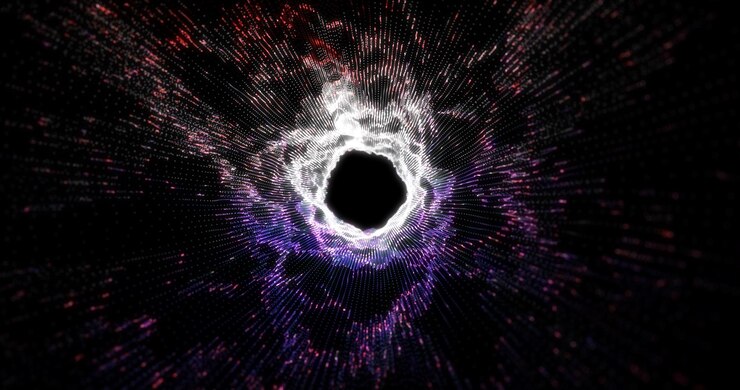 Foto fundo de túnel abstrato com ondas mágicas de energia azul e roxa brilhantes e brilhantes