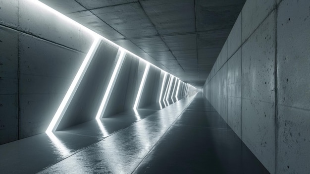 Foto fundo de túnel de concreto abstrato projeto minimalista de corredor subterrâneo com linhas de luz led vista em perspectiva de armazém ou garagem conceito de sala interior do edifício