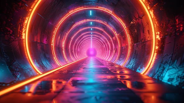 Fundo de túnel de luz de néon abstrato com anéis circulares brilhantes e reflexão no chão Fundo futurista digital para efeito de holograma de design IA geradora