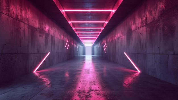 fundo de túnel de néon de concreto garagem vazia abstrata com linhas de luz rosa led perspectiva de corredor moderno grunge escuro conceito de sala de armazém interior grunge