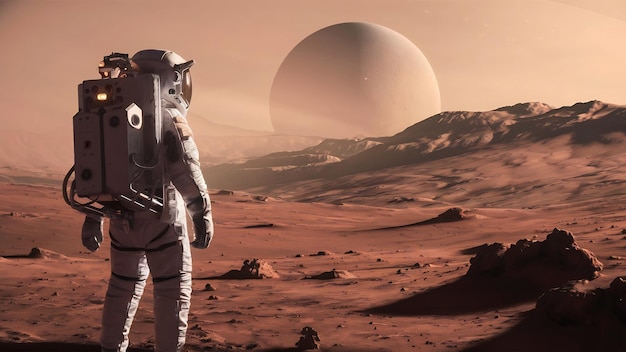 Fundo de um astronauta em Marte olhando para o planeta