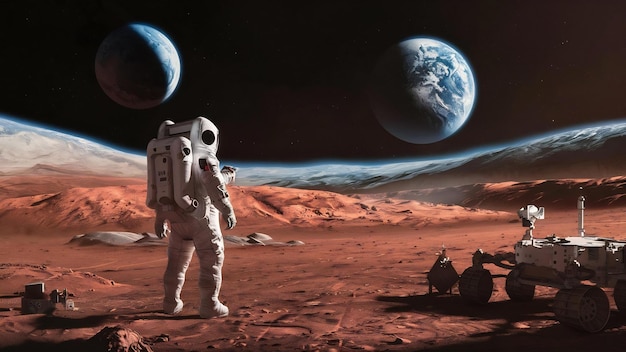 Fundo de um astronauta em Marte olhando para o planeta