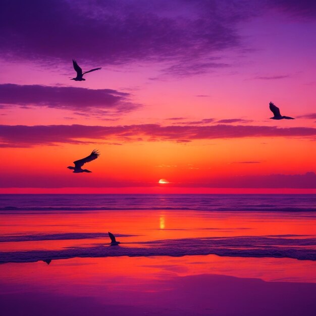 Foto fundo de um belo pôr-do-sol na praia com pássaros