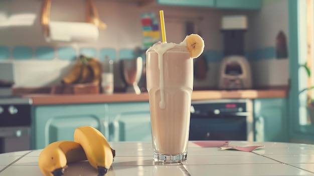 Fundo de uma cozinha com um milkshake e banana IA geradora