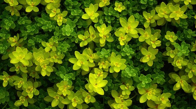 Fundo de uma mistura de sedum amarelo delicado e folhas verdes frescas