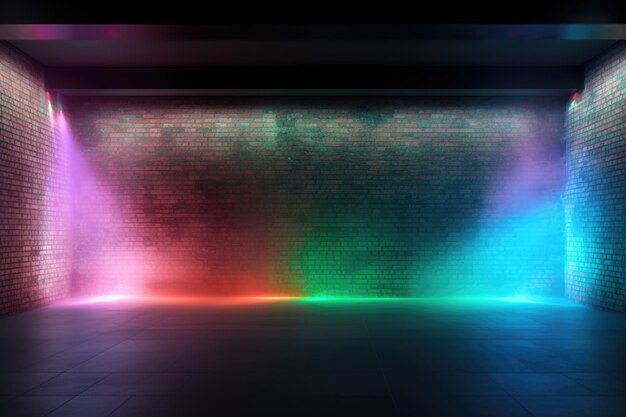 Foto fundo de uma sala vazia com paredes de tijolos e luzes de néon linhas de laser e fumaça multicolorida