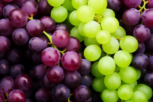 Fundo de uvas púrpura e verde frescas dispostos juntos representando o conceito de dieta saudável