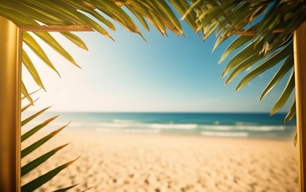 Foto fundo de verão com a natureza de estrutura de praia dourada tropical com raios de luz solar e folha de palmeira