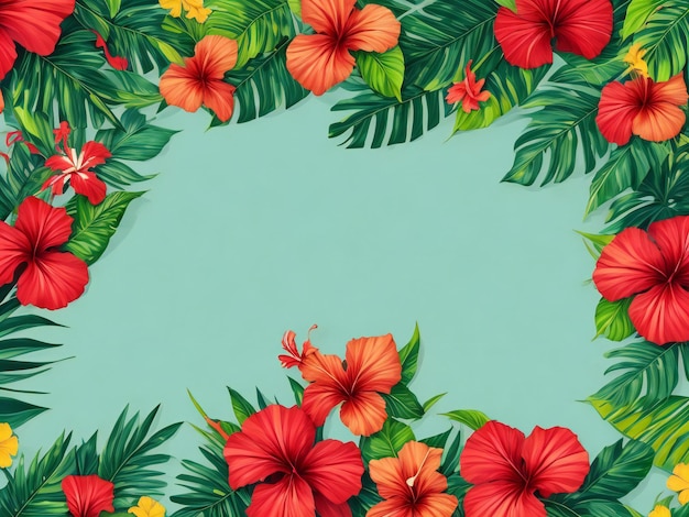 Foto fundo de verão com folhas tropicais e flores de hibisco ai gerado