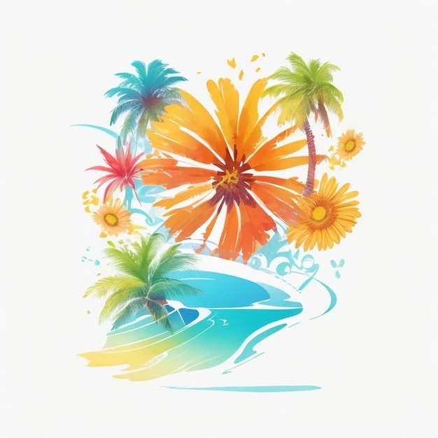 fundo de verão com guarda-chuva e flores e ilha tropical com palmeiras