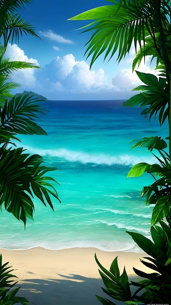 Foto fundo de verão com ondas do oceano e praia com espaço de cópia para texto selva folhas exóticas