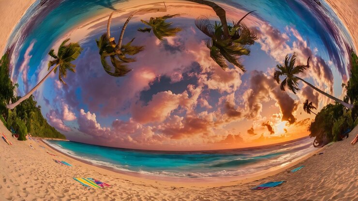 Foto fundo de verão com praia tropical durante o pôr-do-sol