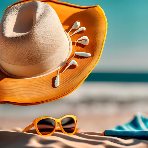 Foto fundo de verão conceito de férias de praia praia de areia ensolarada com boné de verão óculos de sol e toalha som
