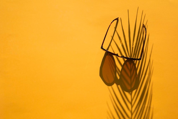 Fundo de verão Óculos de sol com uma folha de palmeira shadwo em amarelo brilhante