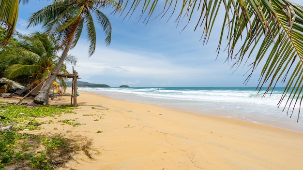 Fundo de verão de coqueiros na praia de areia branca Paisagem natureza vista Romântica baía do oceano com água azul e céu azul claro sobre o mar na ilha de Phuket, Tailândia.