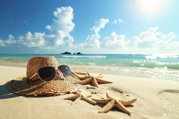 Fundo de verão desfocado de uma praia com folhas de palmeira nos cantos para produto ou espaço de cópia