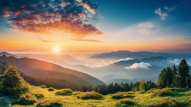 Fundo de verão do céu da montanha e do pôr do sol