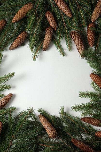 Fundo de véspera de ano novo com ramo de abeto e cones.