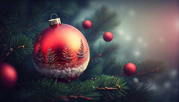 Fundo de véspera de Natal e ano novo com bola vermelha de Natal em uma árvore