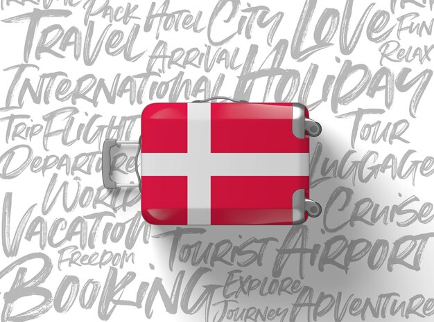Fundo de viagem de mala de bandeira da Dinamarca d render
