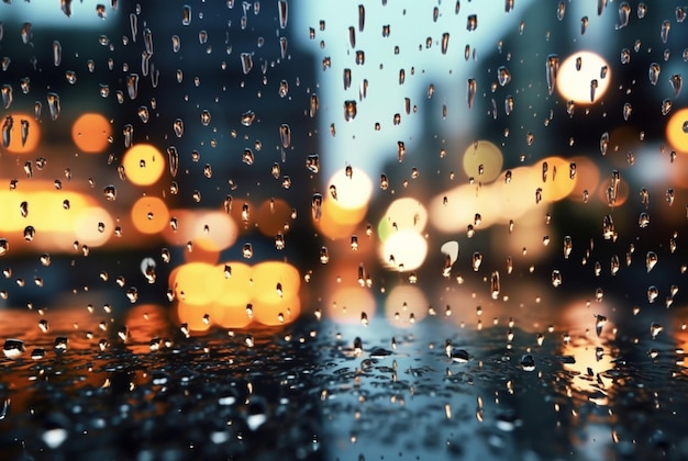 Fundo de vidro com pingos de chuva e luzes de rua à noite generativa ai