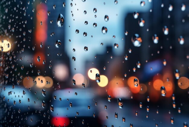 Fundo de vidro com pingos de chuva e luzes de rua à noite generativa ai