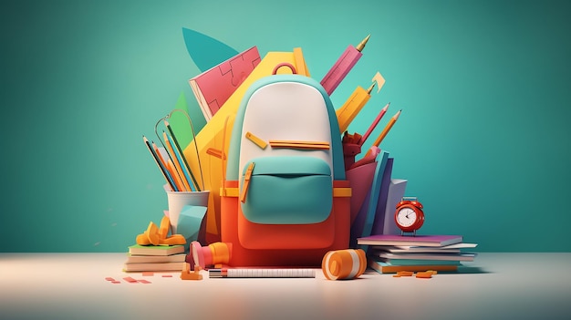 fundo de volta para a escola mochila no estilo de escultura 3D em um fundo sólido liso