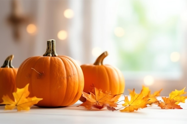 Fundo decorativo de abóbora e folhas secas de outono em arranjo de madeira dentro do conceito de Halloween