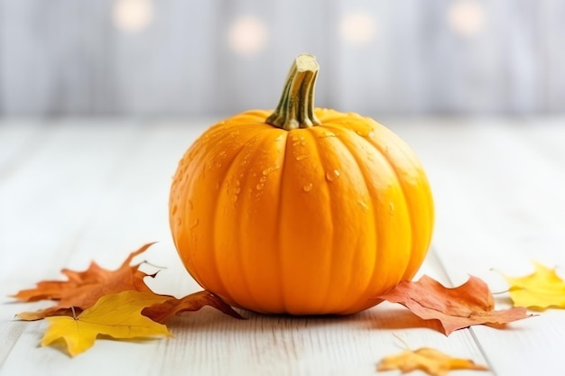 Fundo decorativo de abóbora e folhas secas de outono em arranjo de madeira dentro do conceito de Halloween