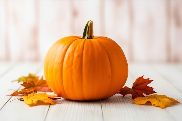 Fundo decorativo de abóbora e folhas secas de outono em arranjo de madeira dentro do conceito de Halloween