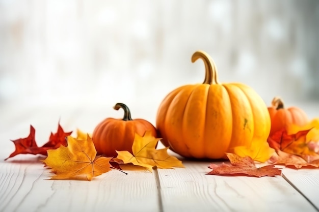 Fundo decorativo de abóbora e folhas secas de outono em arranjo de madeira dentro do conceito de Halloween