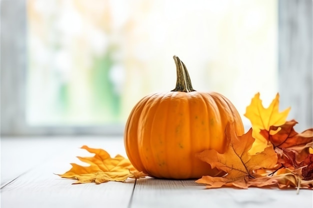 Fundo decorativo de abóbora e folhas secas de outono em arranjo de madeira dentro do conceito de Halloween