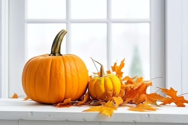 Fundo decorativo de abóbora e folhas secas de outono em arranjo de madeira dentro do conceito de Halloween