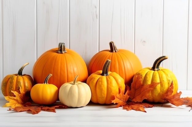 Fundo decorativo de abóbora e folhas secas de outono em arranjo de madeira dentro do conceito de Halloween