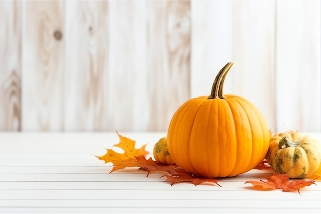 Fundo decorativo de abóbora e folhas secas de outono em arranjo de madeira dentro do conceito de Halloween