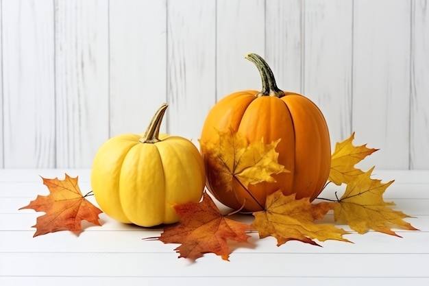 Fundo decorativo de abóbora e folhas secas de outono em arranjo de madeira dentro do conceito de Halloween