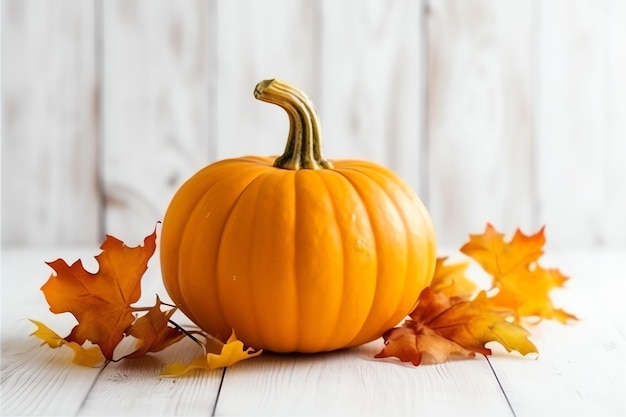 Fundo decorativo de abóbora e folhas secas de outono em arranjo de madeira dentro do conceito de Halloween