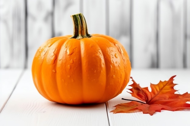 Fundo decorativo de abóbora e folhas secas de outono em arranjo de madeira dentro do conceito de Halloween