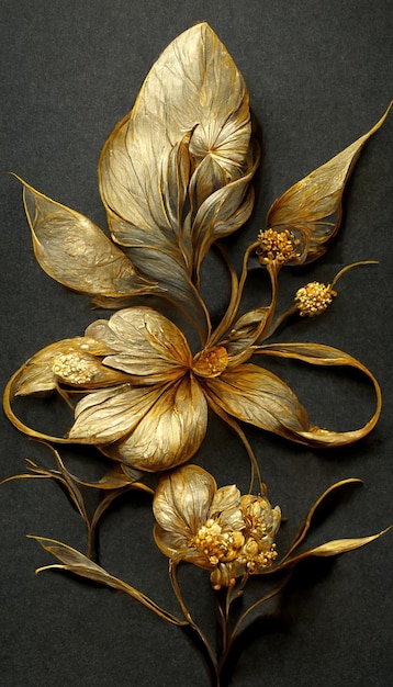 Fundo decorativo de flores douradas de luxo Linda ilustração 3D de arte floral de metal precioso