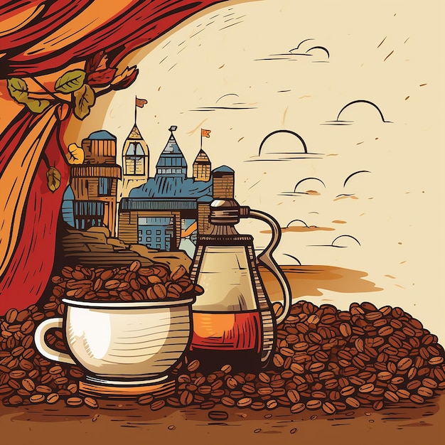 Fundo desenhado à mão vetorial para o dia internacional do café