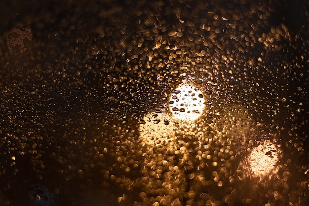 Fundo desfocado com gotas de chuva e luzes.