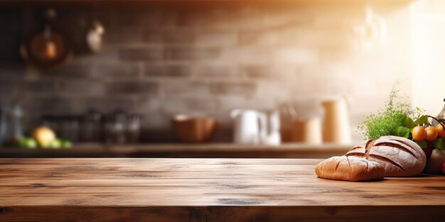 Foto fundo desfocado com mesa de madeira em cozinha rústica