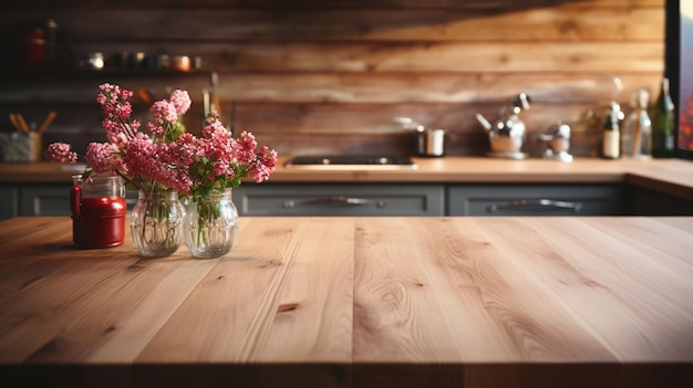 fundo desfocado cozinha mesa vazia madeira parede