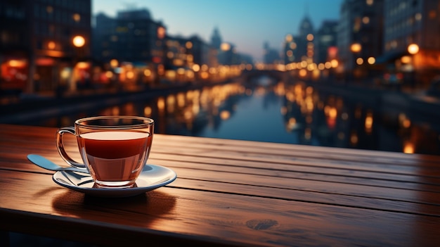 fundo desfocado da cidade movimentada, uma xícara de café na mesa de madeira