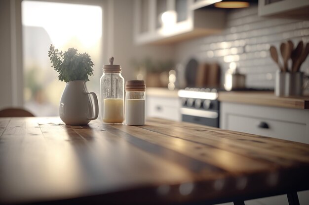 Fundo desfocado da cozinha com tampo da mesa de madeira