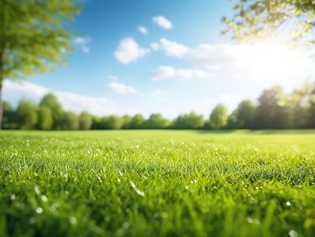 Fundo desfocado da natureza da primavera com um gramado bem aparado contra um céu azul e nuvens em um dia ensolarado