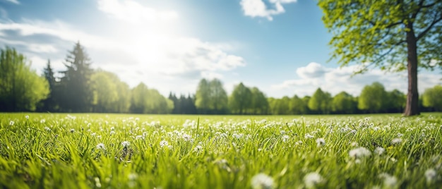 Fundo desfocado da natureza da primavera com um gramado bem aparado contra um céu azul e nuvens em um dia ensolarado