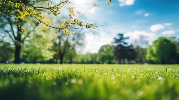 Fundo desfocado da natureza da primavera com um gramado bem aparado contra um céu azul e nuvens em um dia ensolarado