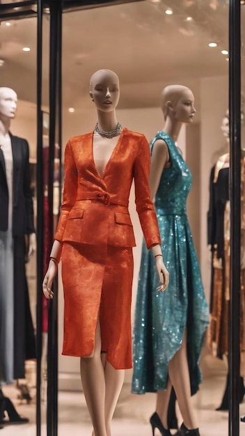 Fundo desfocado da vitrine de uma loja de moda com manequins